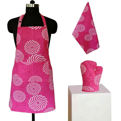 Lushomes Fushia Cotton Printed Kitchen Co-Ordinate Set, apron for kitchen, kitchen apron for women, cooking aprons for women, kitchen dress for women (Pack of 3 pcs) - HalfPe