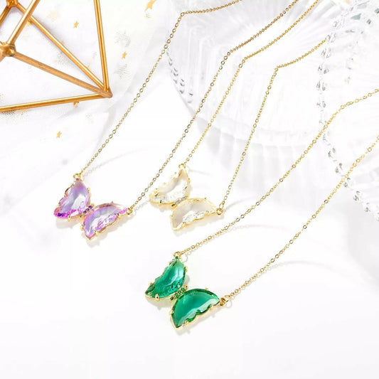 Pinapes Lovely Gold Plated Purple , Pink and Turquoise Blue Crystal Butterfly Pendant Necklace for Women (Set of 3) - HalfPe