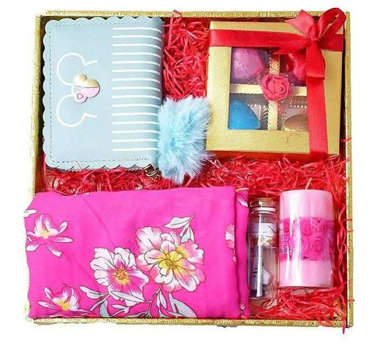 MANTOUSS Valentines day gift -Chocolates in a decorated box+ladies stole+premium wallet+scented candle+message bottle+Valentines greeting card - HalfPe