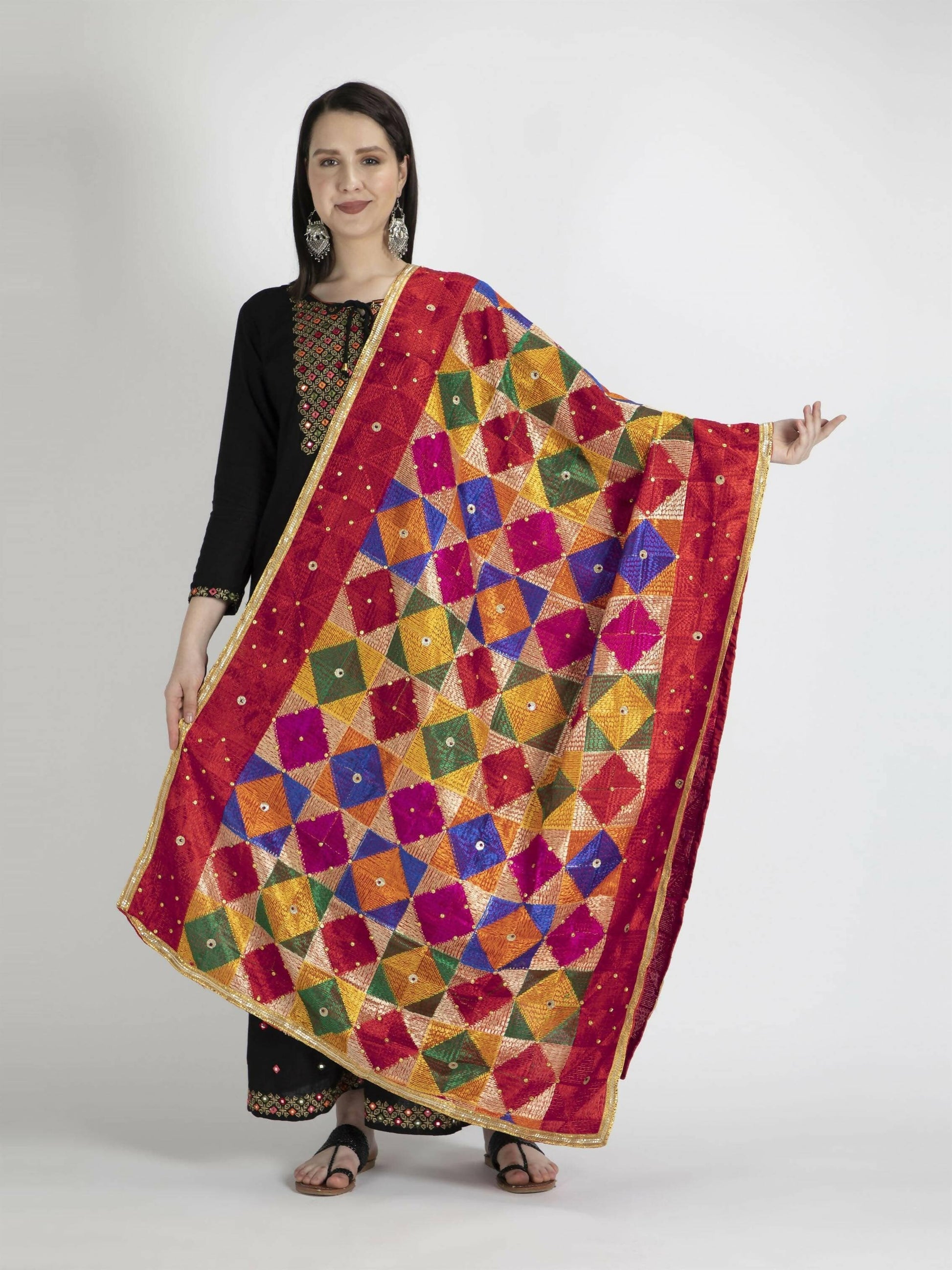 Multicolour Phulkari with gold Lace dupatta - HalfPe