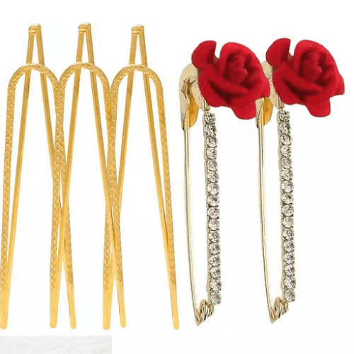 Senecio uw shape & red rose golden diamond crystal studded floral safety pins(set of 5) - HalfPe