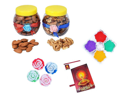 MANTOUSS Diwali Dry Fruit Decorated Jar-Almond and Walnut(100gms Each),200 GMS + 2 Floating Diya, Diwali Greeting Card and Rangoli Colours - HalfPe