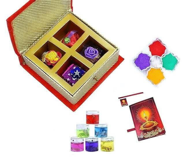 MANTOUSS Happy Diwali Premium Chocolate Box + 2 Gel Filled Glass Candle, Diwali Greeting Card and Rangoli Colours - HalfPe