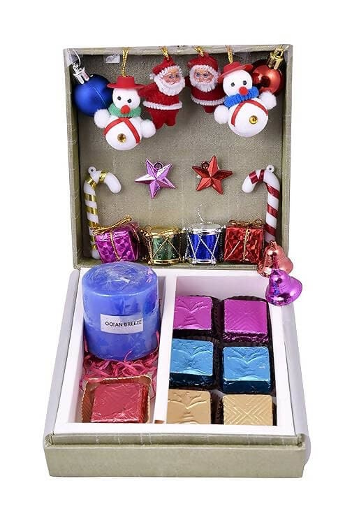 MANTOUSS Christmas Themed Chocolate Gift Box + 1 Scented Candle + Christmas Card + Christmas Tree Decoration Set + Santa Cap - HalfPe