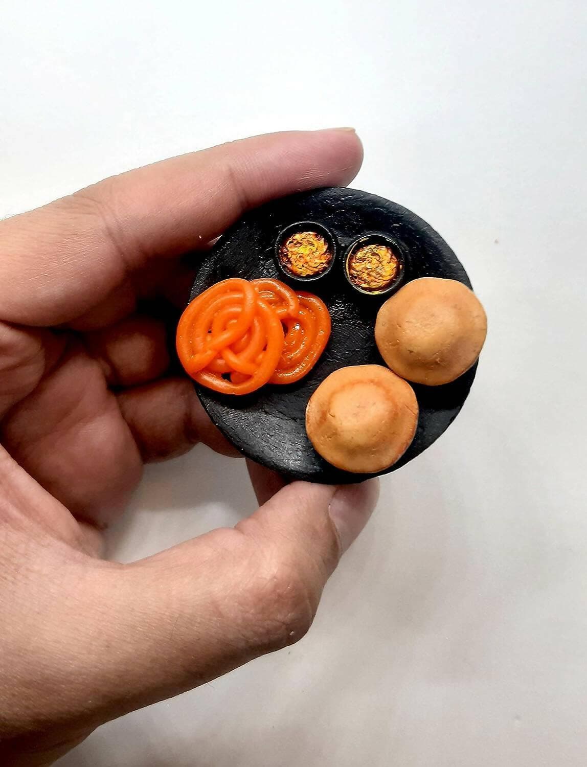 Aloo Puri and Jalebi Plate Miniature Food Fridge Magnet - HalfPe