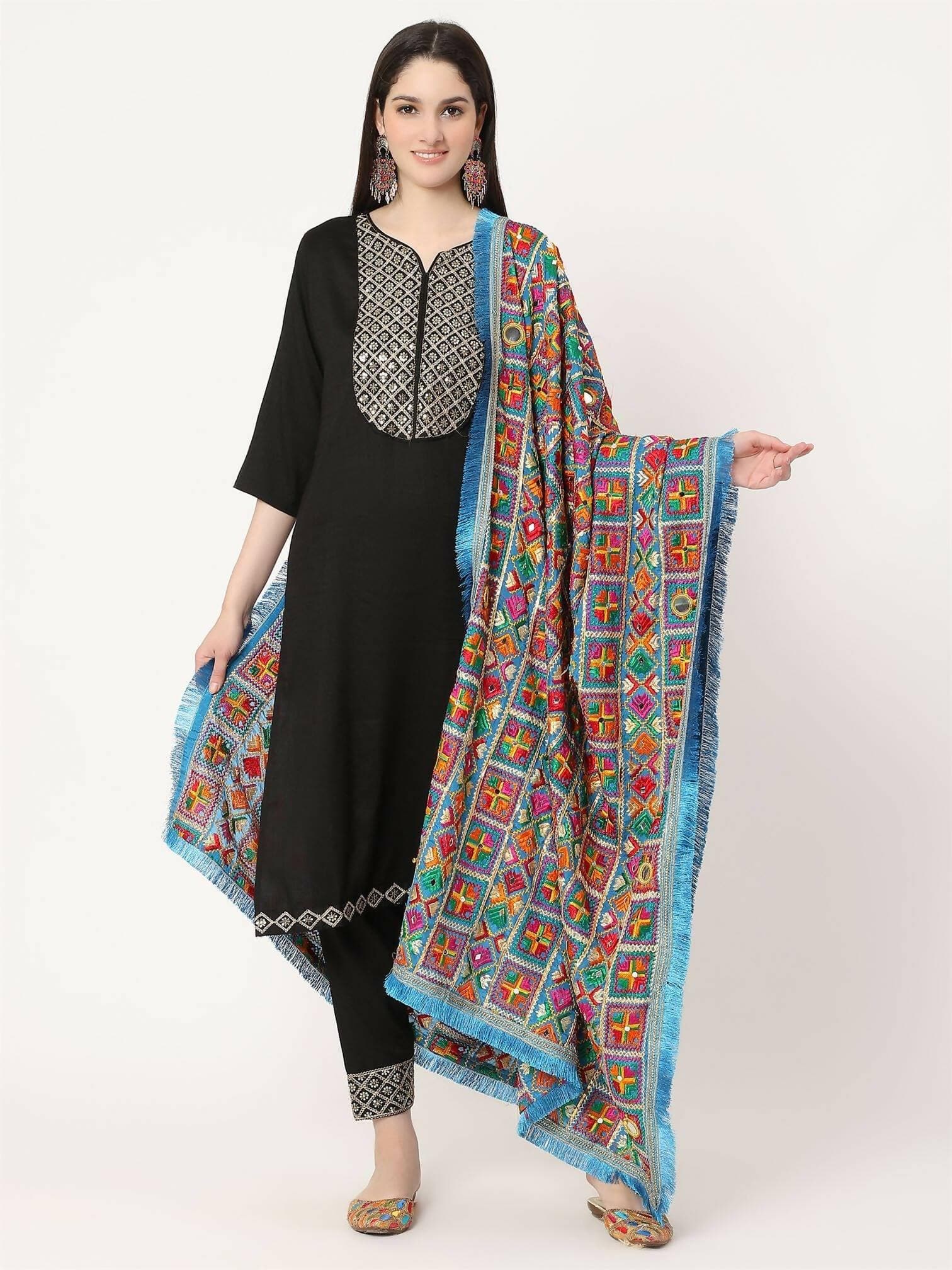 Ferozi Mullticolour Embroidery Phulkari Dupatta with Mirror Work - HalfPe