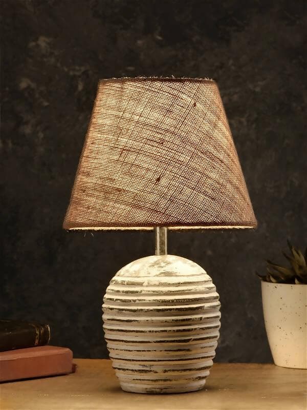 Striped Wooden White Lamp With Brown Jute Shade - HalfPe