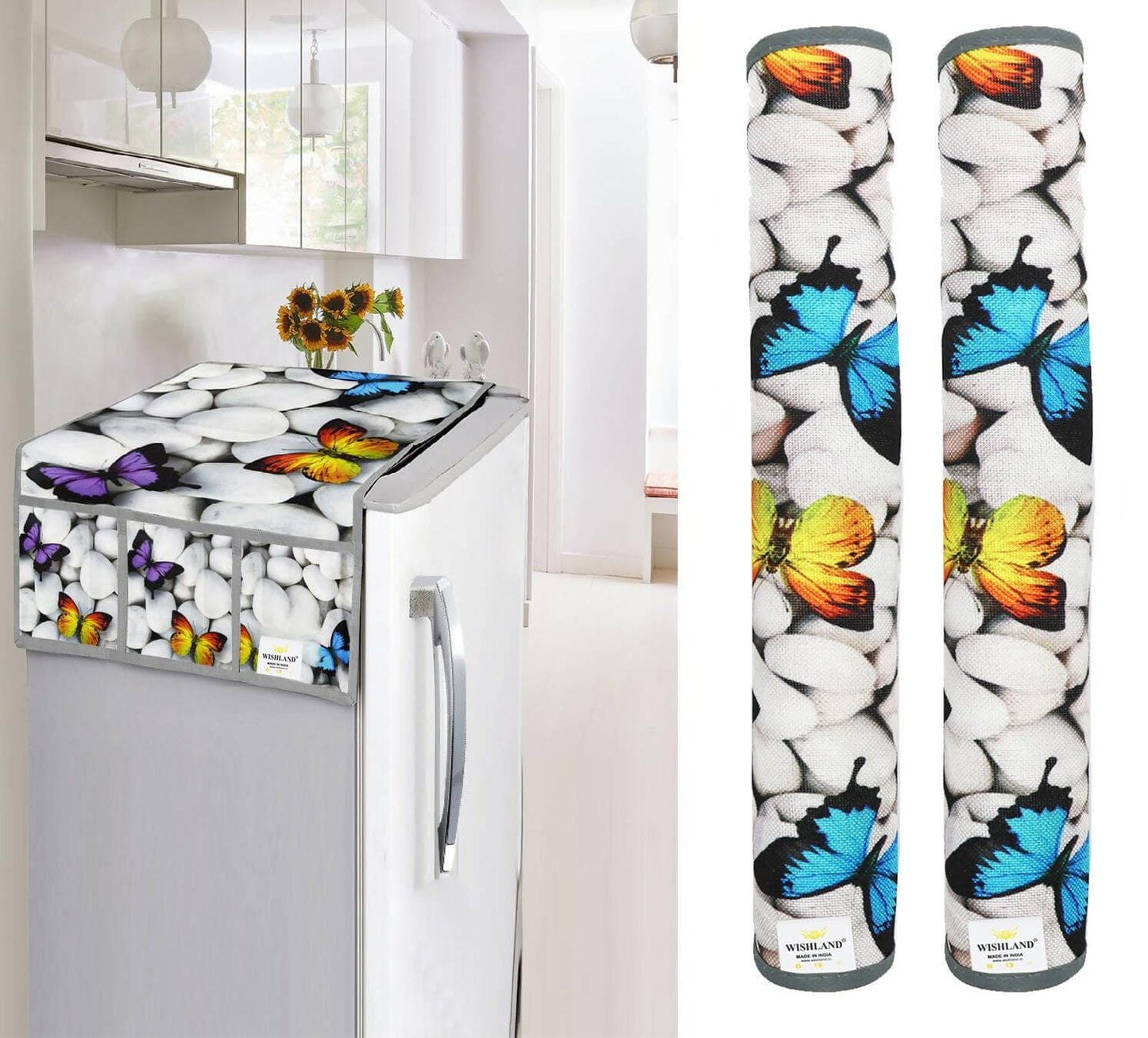 WISHLAND Combo Pack of Fridge Top Cover with 6 Utility Pockets and Fridge Handle Cover(Size : 39X21 & 12X6 Inches, Set of 2 Pc, multi color) - HalfPe