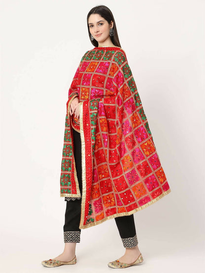 Red Multicolour Embroidery Phulkari Dupatta with Mirror Work - HalfPe