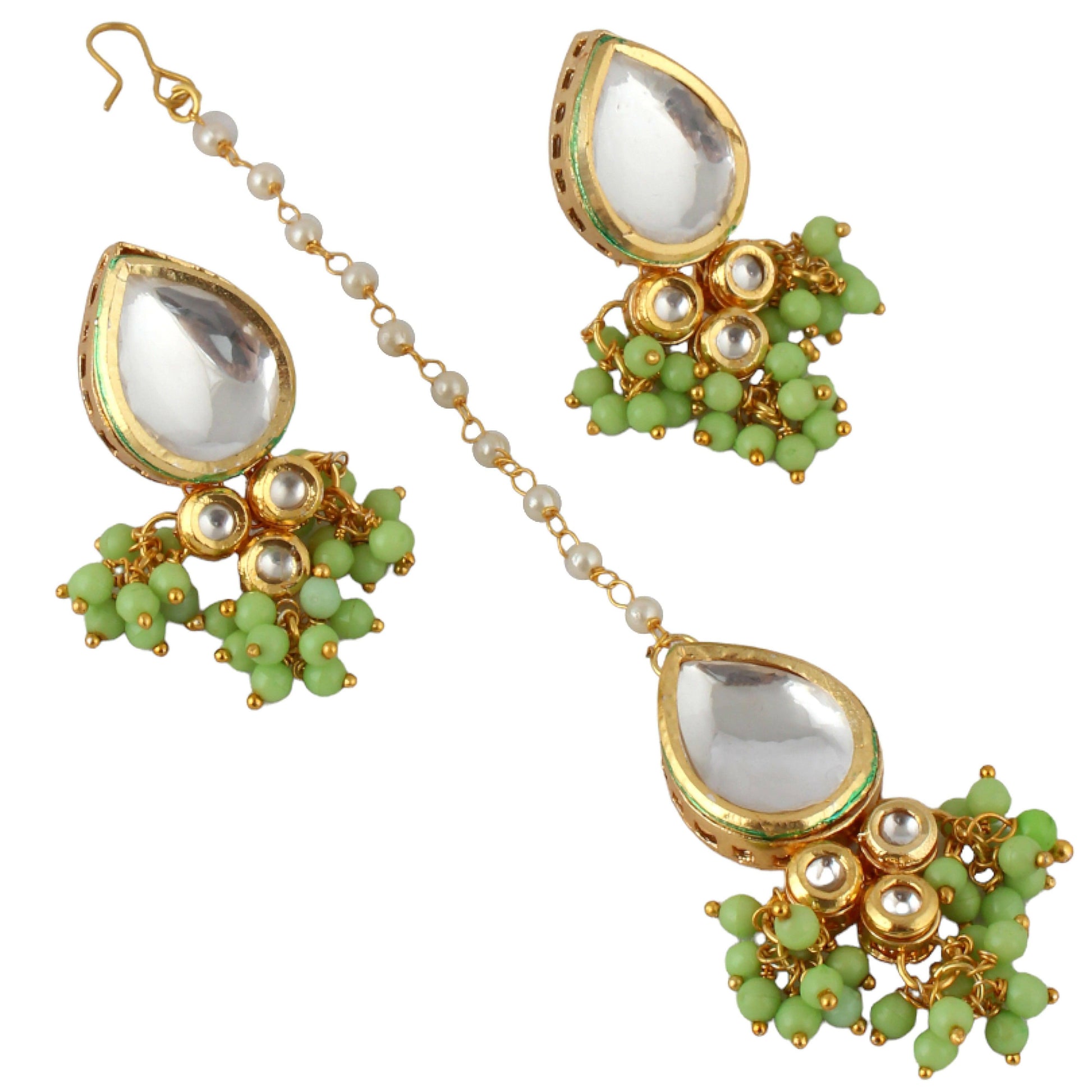 LUCKY JEWELLERY Back Meenakari 18k Gold Plated Light Green Color Tika Earring Combo Uncut Big Faux Kundan Choker Necklace set - HalfPe