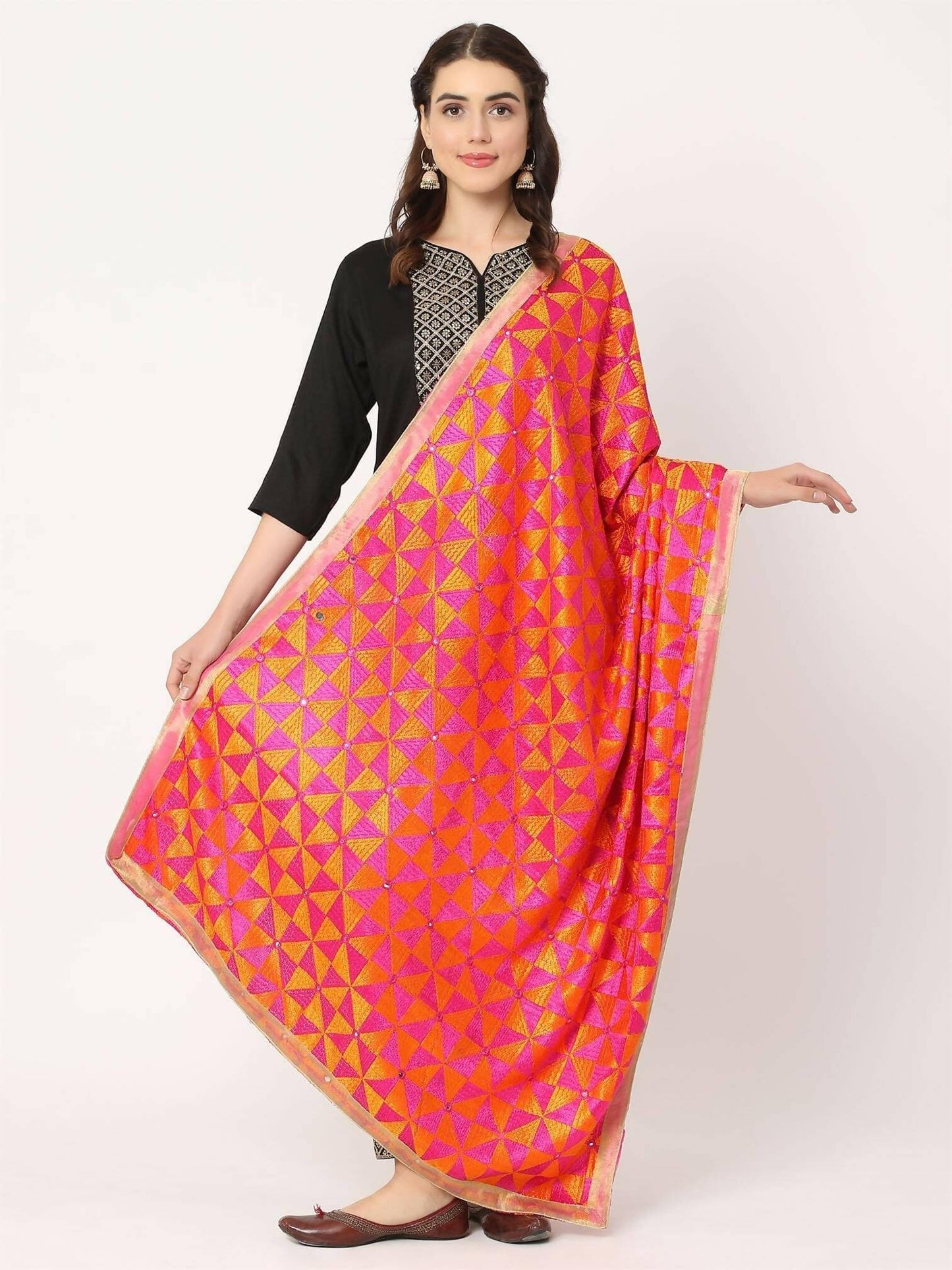 Magenta Orange Phulkari Embroiidery Bagh Dupatta - HalfPe