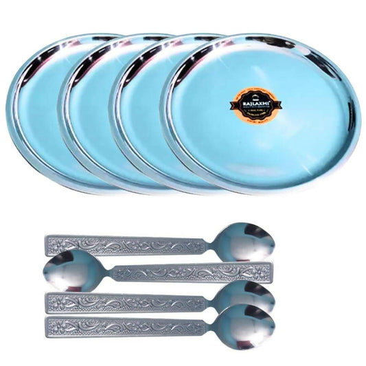 SHINI LIFESTYLE Stainless Steel Dinner Plates/Dessert Plate/Halwa Plate Set with Spoon (Pack of 8) - HalfPe