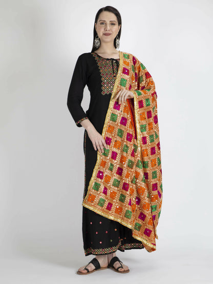 Phulkari Dupatta with Mirror Work (multi color designs) - HalfPe