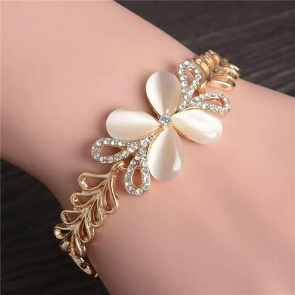 SENECIO Luxury Collection Cat's Eye Opal Floral Leaf Braid Gold Plated Bracelet - HalfPe