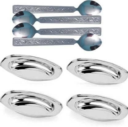 SHINI LIFESTYLE Stainless Steel Oval Plate, Rice Plate 4pc with Table spoon set Dinner Plate (Pack of 4) - HalfPe