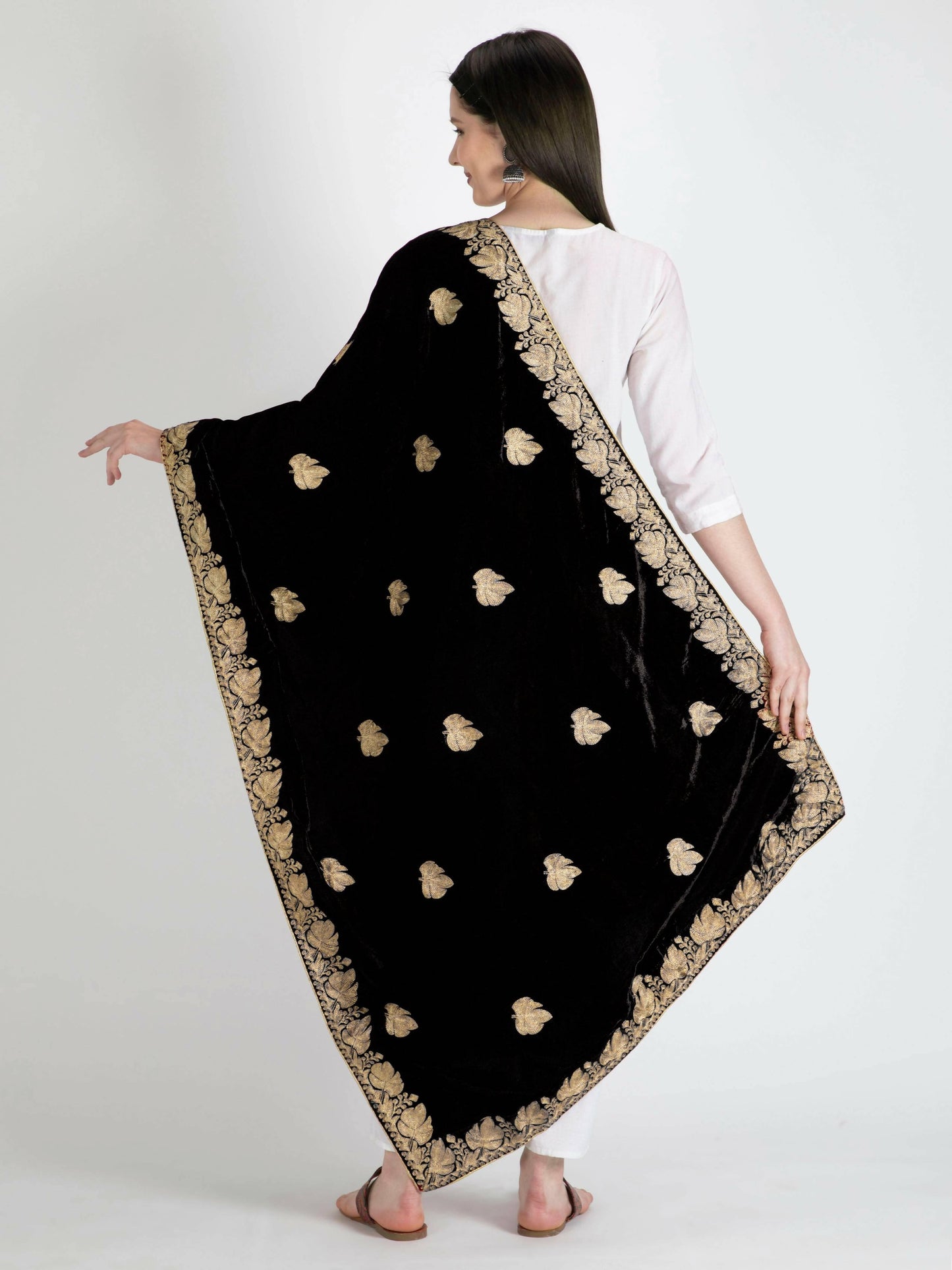 Velvet Embroidery Shawl Dupatta (Black) - HalfPe