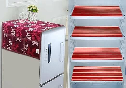 WISHLAND Set of 5 Pcs Fridge Cover Combo With 1 Fridge Top Cover with 6 Utility Pockets And 4 Pcs Multipurpose Fridge Mats - HalfPe