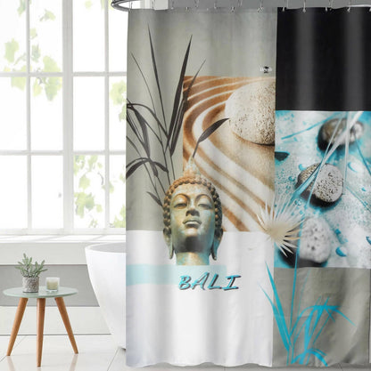 Lushomes shower curtain, Bali Printed, Polyester waterproof 6x6.5 ft with hooks, non-PVC, Non-Plastic, For Washroom, Balcony for Rain, 12 eyelet & 12 Hooks (6 ft W x 6.5 Ft H) - HalfPe