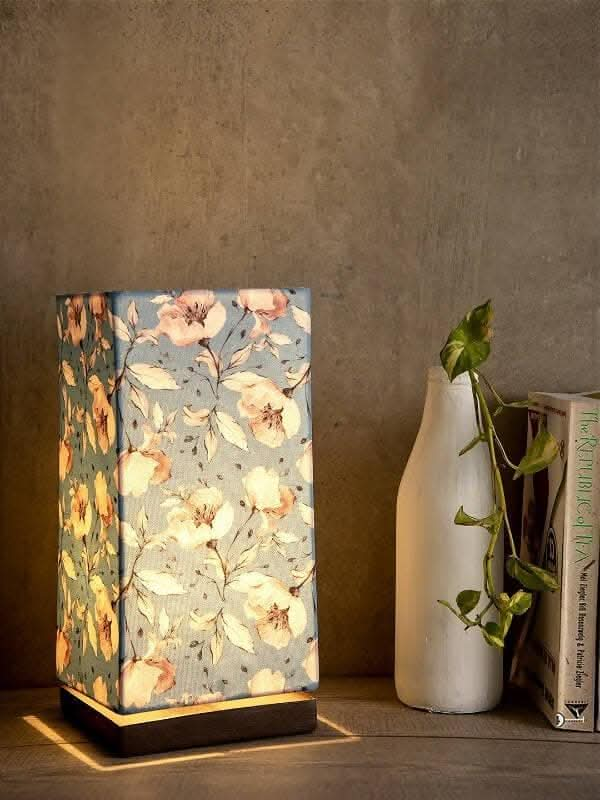 Turquoise Floral Lamp With Wooden Base - HalfPe