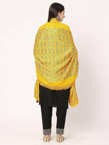 Yellow Multicolour Embroidery Dupatta with Beads - HalfPe