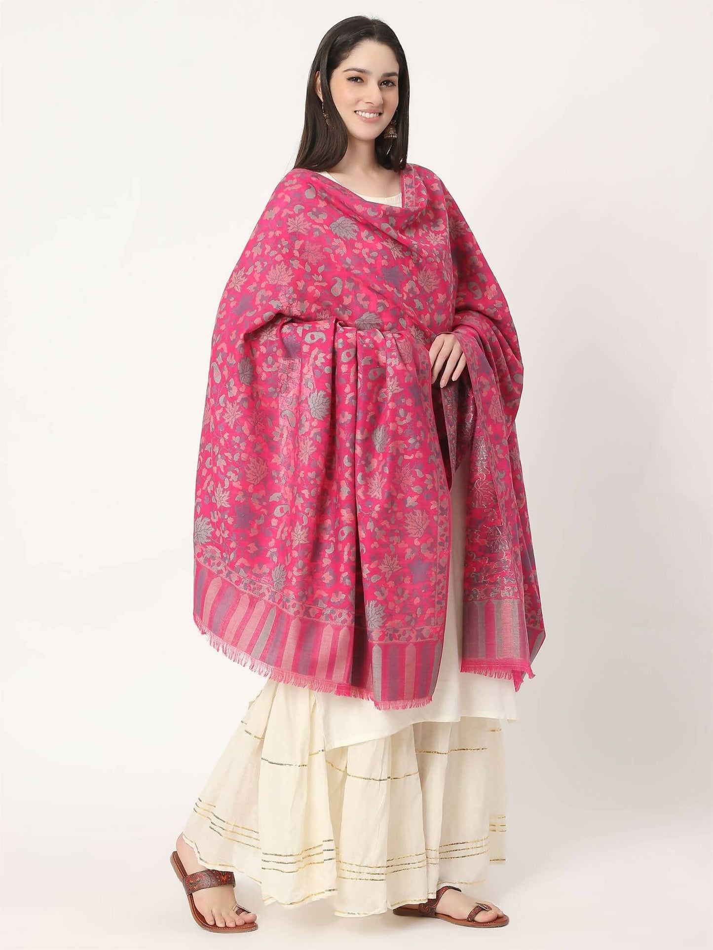 Magenta Fine Wool Kani Multiweave Shawl for women - HalfPe