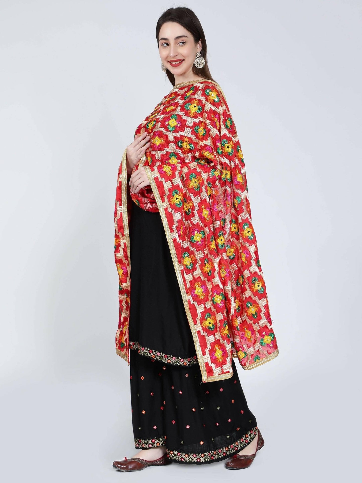 Red Phulkari dupatta (multicolor designs) - HalfPe