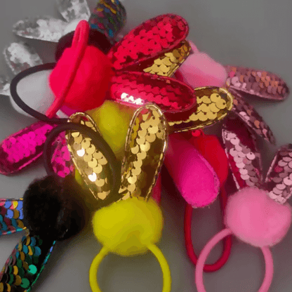 SENECIO 6Pc Rabbit Bunny Ear Sequin Embellished Tildi Multicolour Fur Scrunchies Ponytail Holder Rubber Band - HalfPe