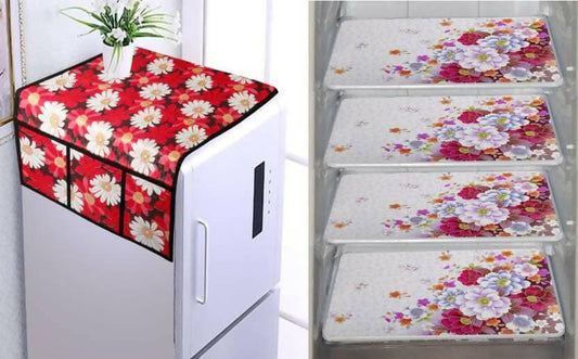 WISHLAND Single Door Fridge Cover Combo Set of 1 Fridge Cover + 1 Fridge Handle Cover + 3 Multipurpose Fridge Mats (Red) - HalfPe