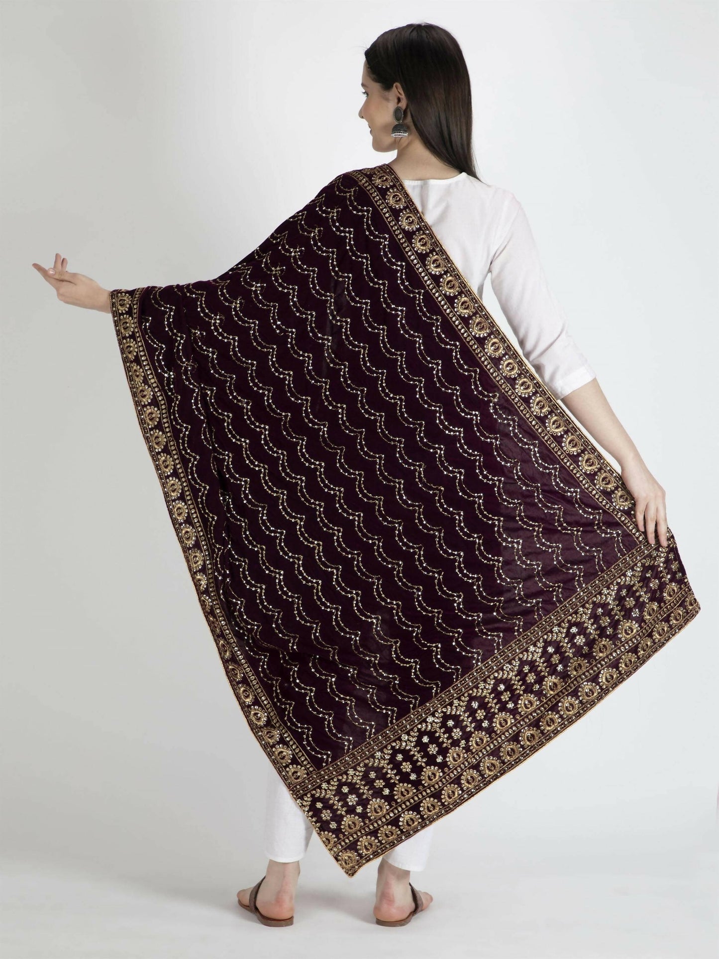 Embroidered Velvet Brown Dupatta For Women - HalfPe