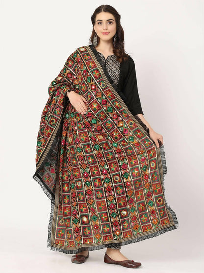 Black Mullticolour Embroidery Phulkari Dupatta with Mirror Work - HalfPe