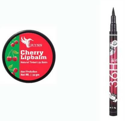 Crynn Essential Cherry Natural Tinted Lip Balm Sun Protection& Long Lasting& Waterproof 36H Eyeliner Jet Black (Pack of 2 Items ) - HalfPe