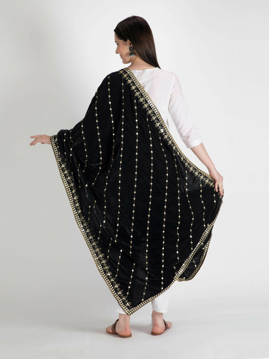 Black Embroidered Velvet Shawl Dupatta - HalfPe