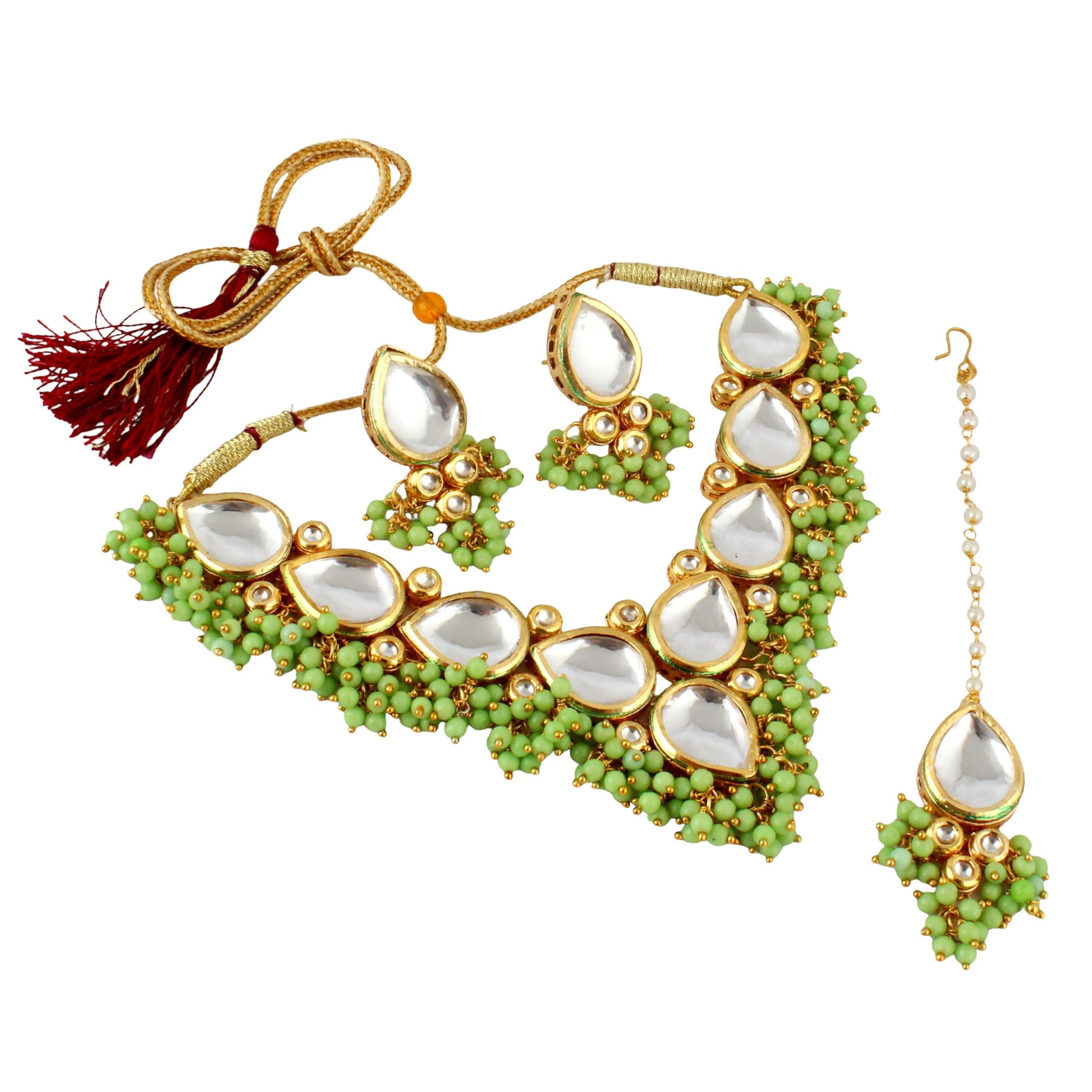 LUCKY JEWELLERY Back Meenakari 18k Gold Plated Light Green Color Tika Earring Combo Uncut Big Faux Kundan Choker Necklace set - HalfPe