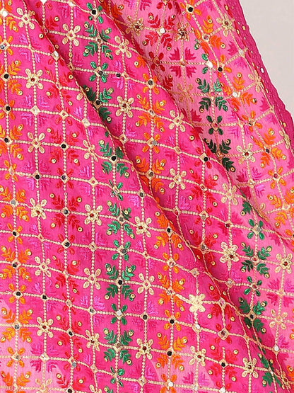 Magenta Multicolour Floral Design Embroidery Phulkari Dupatta with Mirror - HalfPe