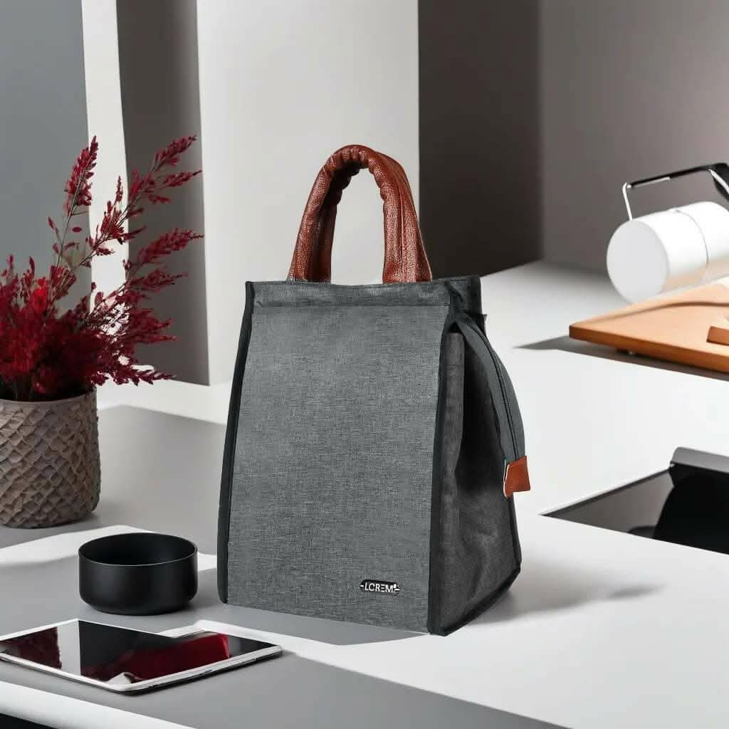 LOREM Grey Linen Textured Insulated Tiffin Bag/Lunch Bag for Men & Women Office - HalfPe