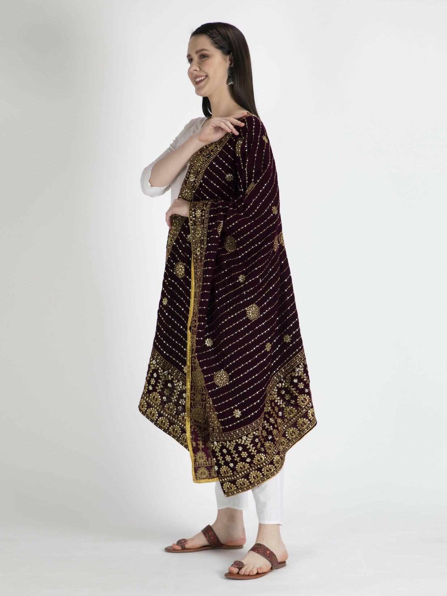 Embroidered Velvet Shawl Dupatta (Purple) - HalfPe