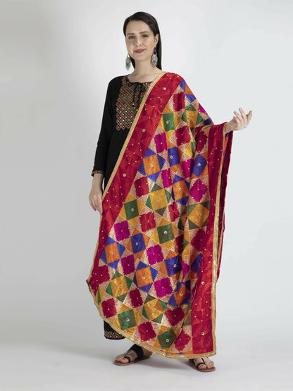 Multicolour Phulkari with gold Lace dupatta - HalfPe