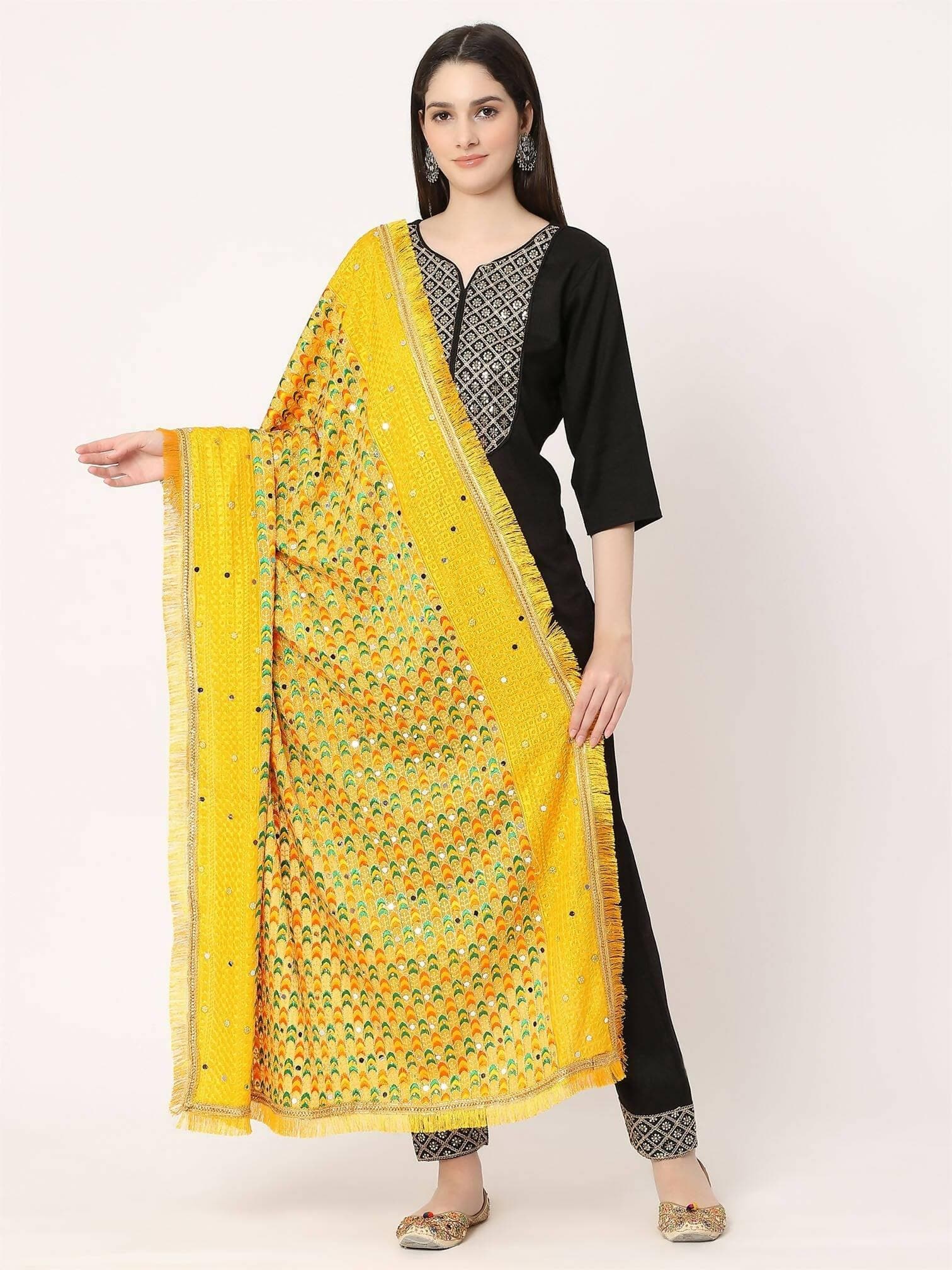 Yellow Multicolour Embroidery Dupatta with Beads - HalfPe