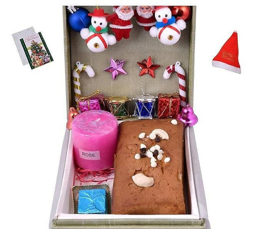 MANTOUSS Christmas Cake Gift Box(200gms)+1 Scented Candle+Christmas Card + Christmas Tree Decoration Set+ Santa Cap - HalfPe