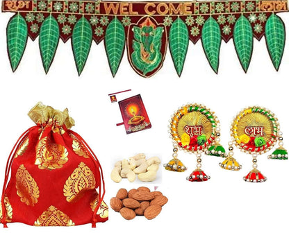 MANTOUSS Diwali Celebrations Gift Hamper/Diwali Gift Box-Designer potli with Almond and Cashew+Ganesha toran/bandherwal for Home Decor+Chowki Ganesha+Diwali Greeting Card - HalfPe