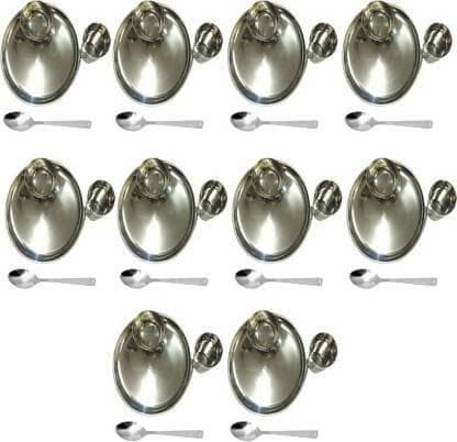 SHINI LIFESTYLE Stainless-Steel Dinner combo pack of Dinner plates-10pcs, Table spoons-10pcs, Cups/ Katori-10pcs, water glasses-10pcs (40pcs) - HalfPe