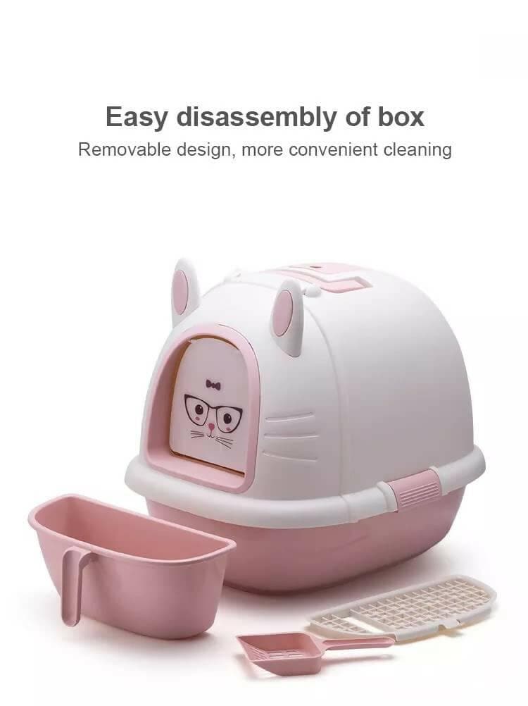 PetGains PGXB DIY Fully Enclosed Litter Box Deodorant Anti-Stink Cat Toilet (Pink & White) - HalfPe