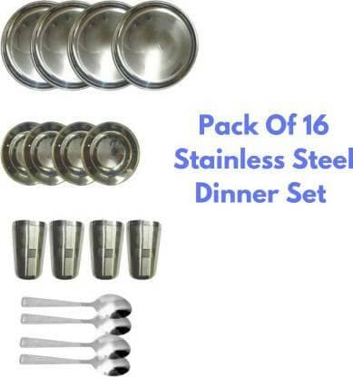 SHINI LIFESTYLE Stainless-steel katori, spoon, glass with Dinner plate (set of 16, each of 4) - HalfPe