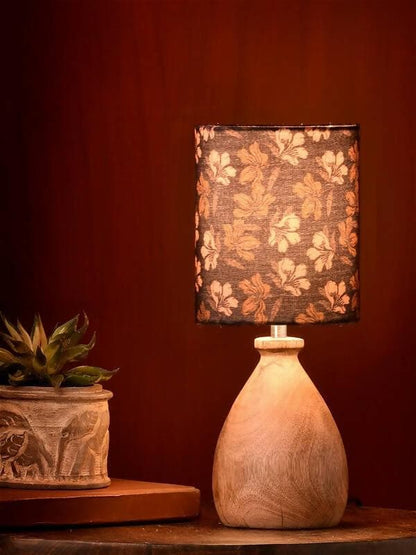 Wooden Dome Table Lamp Black Floral Shade - HalfPe