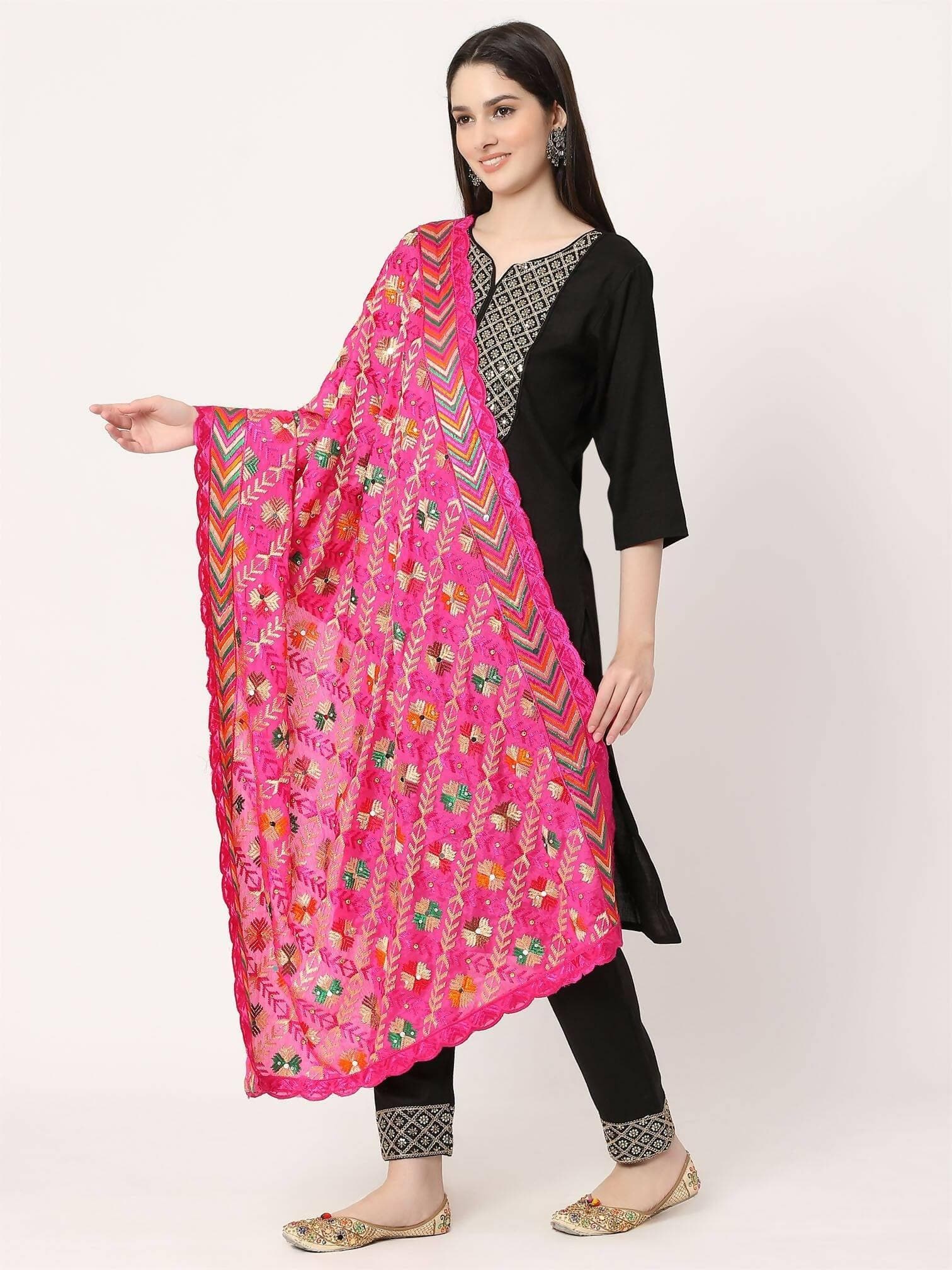 Magenta Embroidery Phulkari Dupatta with Lace border - HalfPe