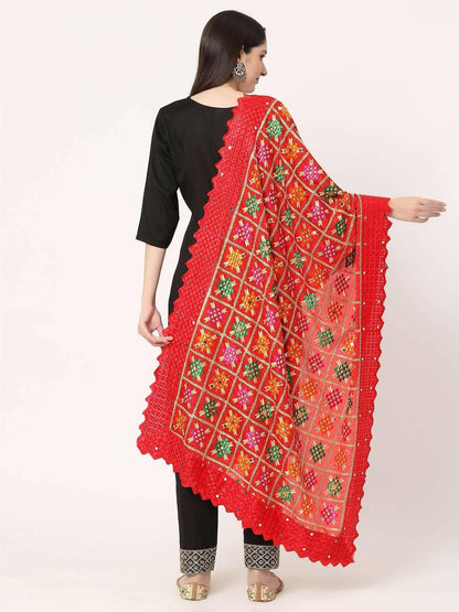 Red Multicolour Embroidery Phulkari Dupatta with Golden Beads - HalfPe