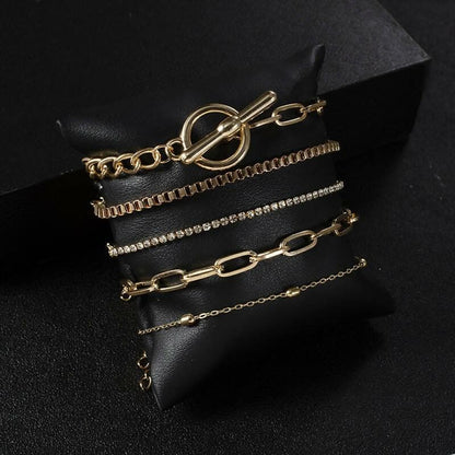 Pinapes 5pcs/set Trendy Gold Color Punk Style Chain Bracelet Female Personality Lock Crystal Exquisite Bracelets Jewelry - HalfPe