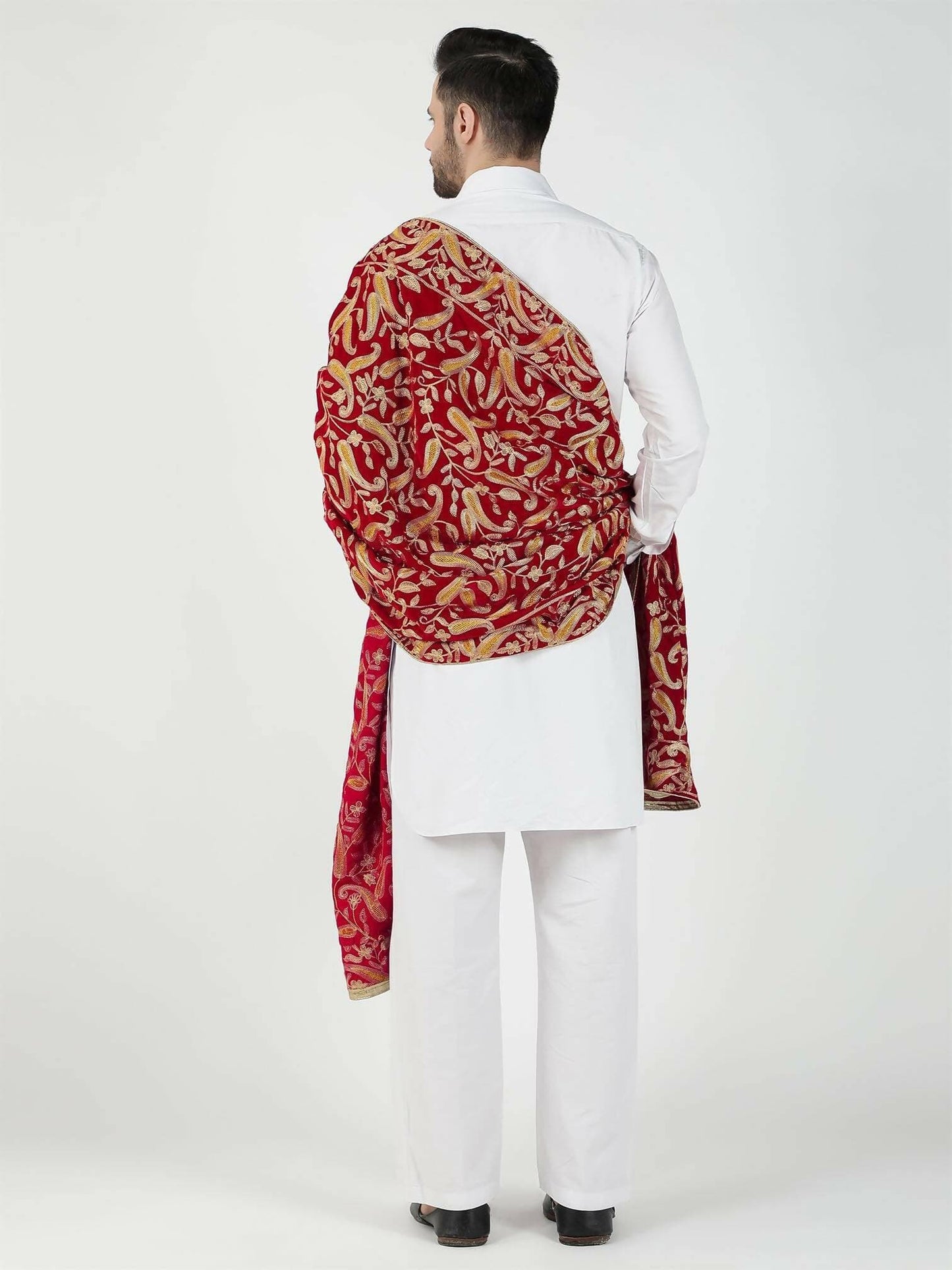 Red and Mustard Leaf Pattern Embroidered Velvet Shawl - HalfPe