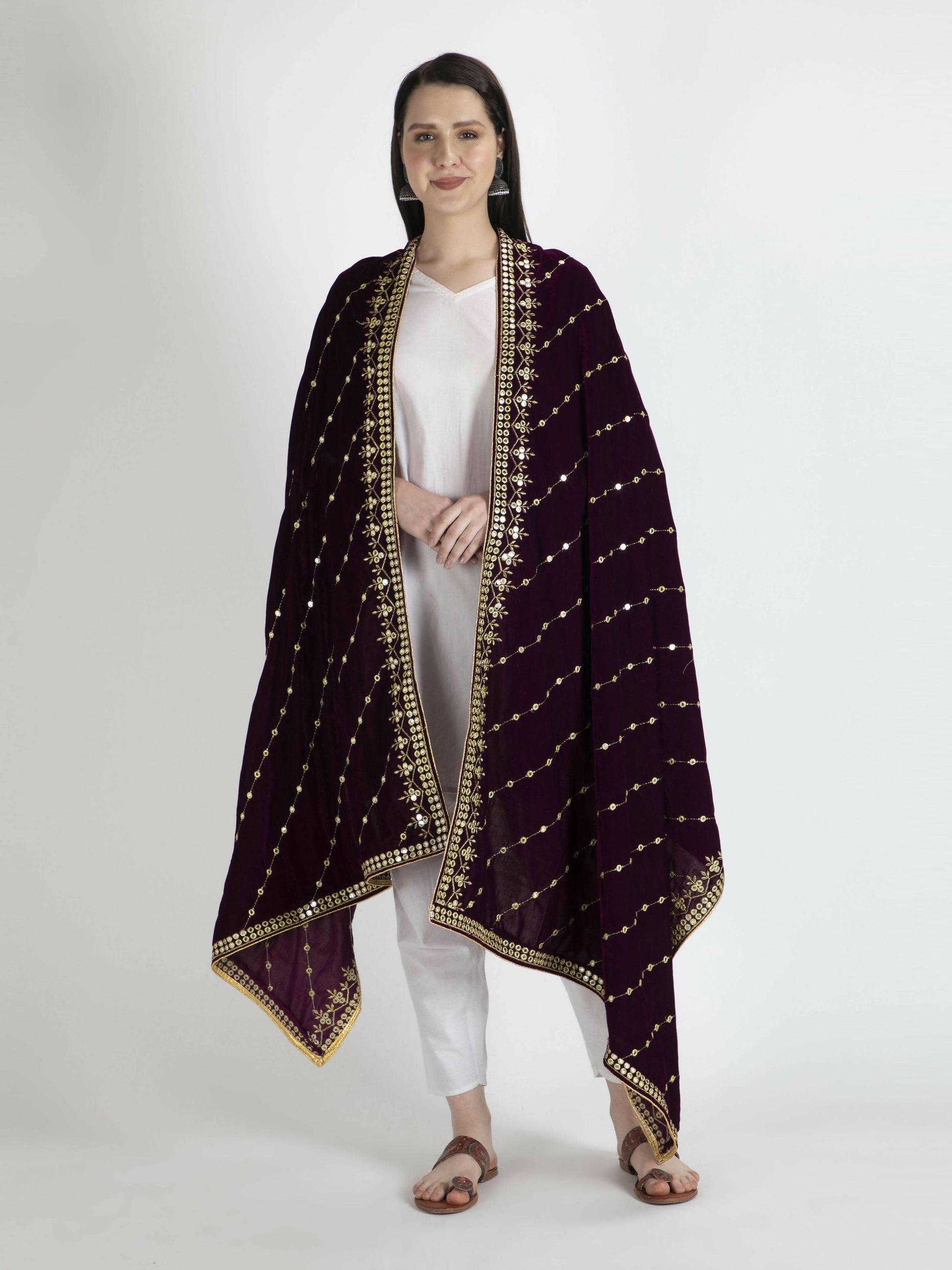 Purple Embroidered Velvet Shawl Dupatta - HalfPe