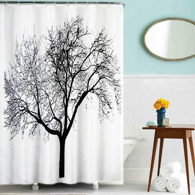 Lushomes shower curtain, Black Tree Printed Printed, Polyester waterproof 6x6.5 ft with hooks, non-PVC, Non-Plastic, For Washroom, Balcony for Rain, 12 eyelet & 12 Hooks (6 ft W x 6.5 Ft ) - HalfPe